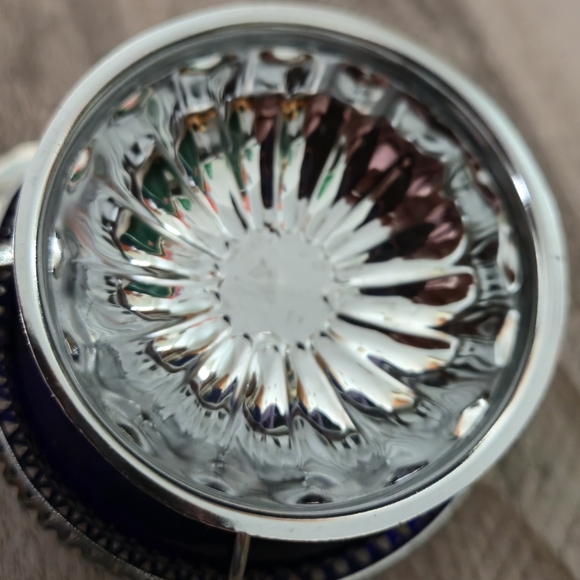 Moyell Classic Cobalt Blue Glass Chrome Creamer Sugar Bowl Filigree England NOS - Picture 10 of 11